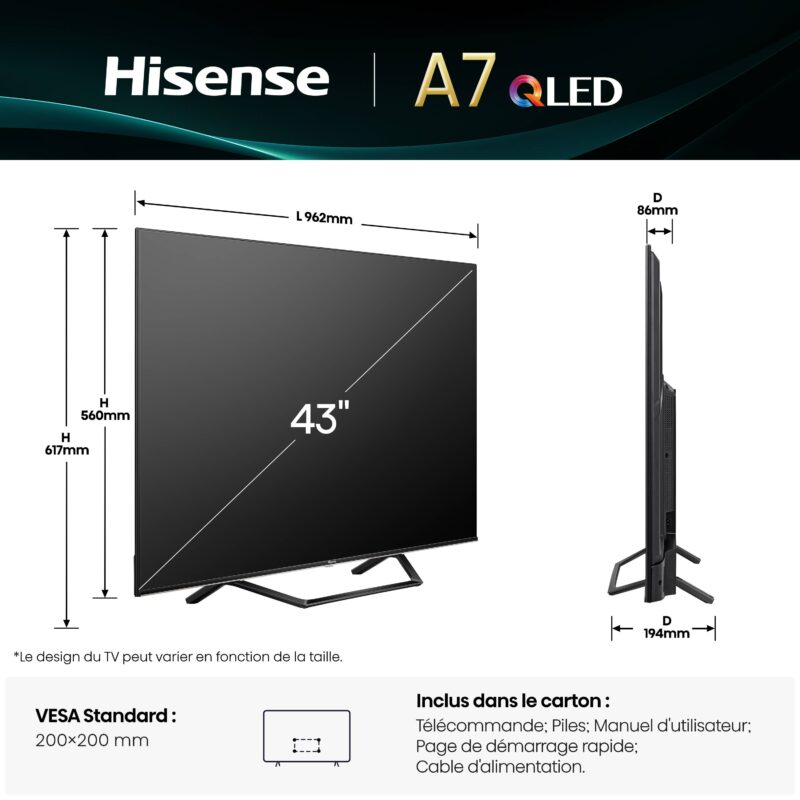 TV QLED 4K | Dolby Vision-Atmos <br>43" Série A7Q